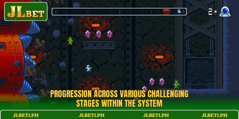 Progression across various challenging stages within the system